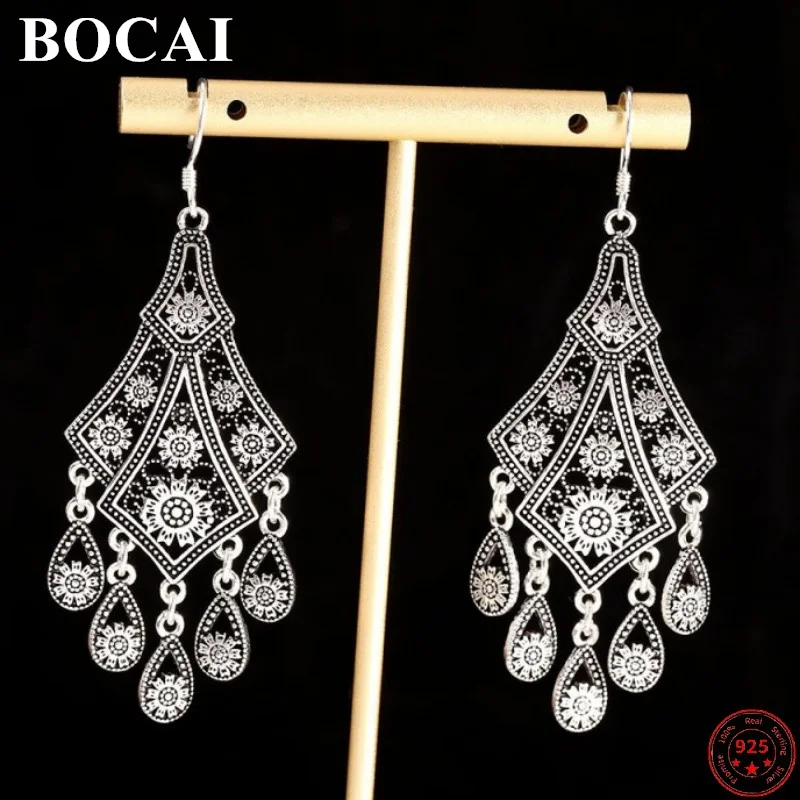 BOCAI S925 Sterling Silver Earrings for Women New Fashion Small Flower Jewelry Pure Argentum Tassel Ear Drop Jewelry Wholesale