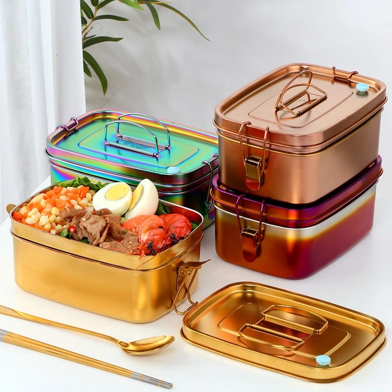 304 Stainless Steel Double-layer Lunch Box, Portable Square Double-layer Separated Eating Tableware