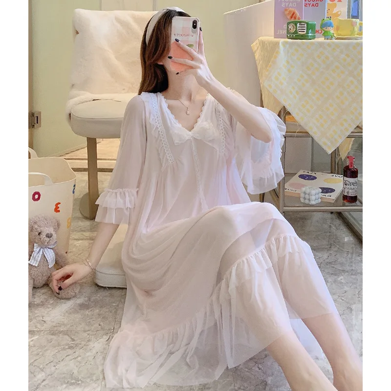 Women Lolita Night Dress Princess Sleepwear Multilayer Lace Mesh Romantic Vintage Victorian Nightgowns Nightdress Lounge Wear