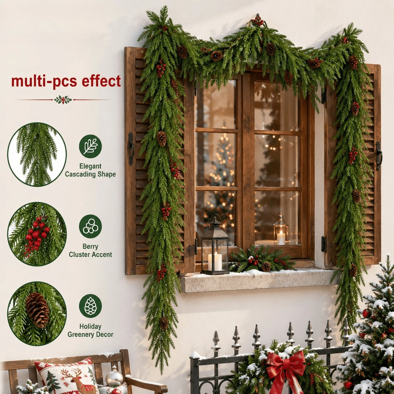 180Cm/70.87In Christmas Artificial Norfolk Island Pine with Plastic Red Berries and Plastic Pinecones for Christmas