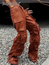 TWOTWINSTYLE Patchwork Pockets Leather Pants For Women High Waist Zipper Spliced Button Solid Safsri Style Pants Female Fashion