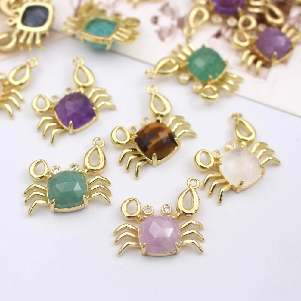 10pcs DIY Jewelry Accessories Quartz Amazonite Tiger eye Stones Crab Shape Pendant CZ Zirconia Charms