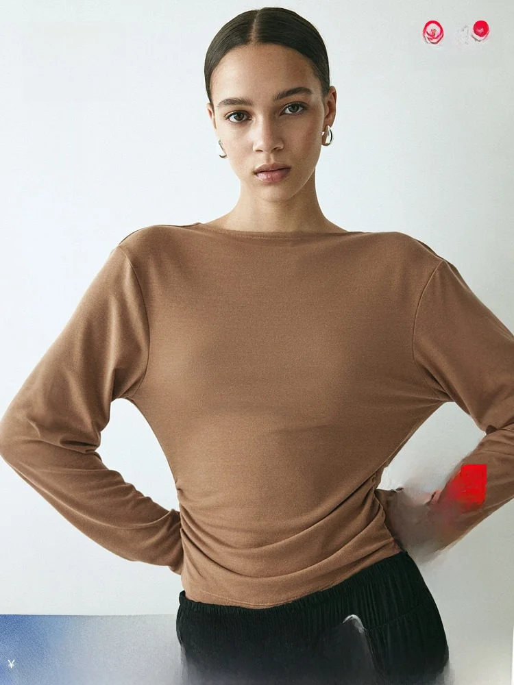 

Весенняя новая женская толстовка HM2026 Ba с качающимся воротником, облегающая футболка из полиэстера и спандекса, повседневная футболка базового цвета