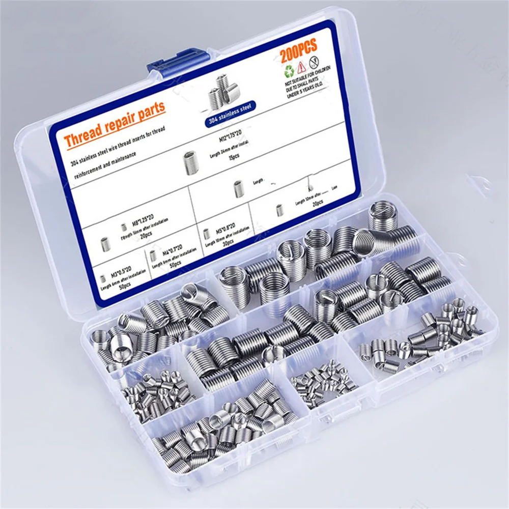 

304 Stainless Steel Wire Thread Inserts Thread Protection Sleeves M3-M12，200-Piece Thread Repair Wire Insert Kit