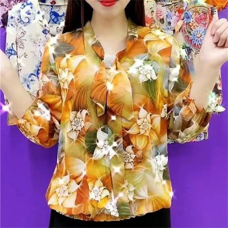 2024 Summer Women\'s Fashion Print Rhinestone Bow Blouse Casual Three Quarter Sleeve Chiffon Shirt Loose Tops Blusas Para Mujer