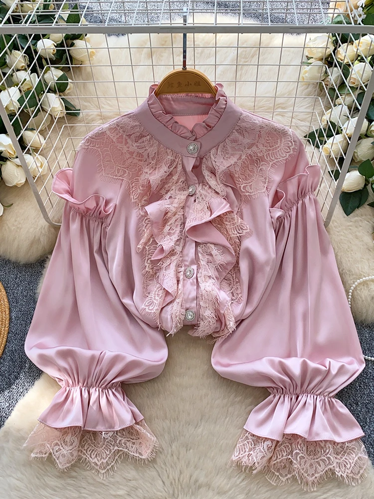 

Весенне-осенняя французская кружевная атласная блузка с длинными рукавами, женская новая модная вечерняя однобортная рубашка, топ W91