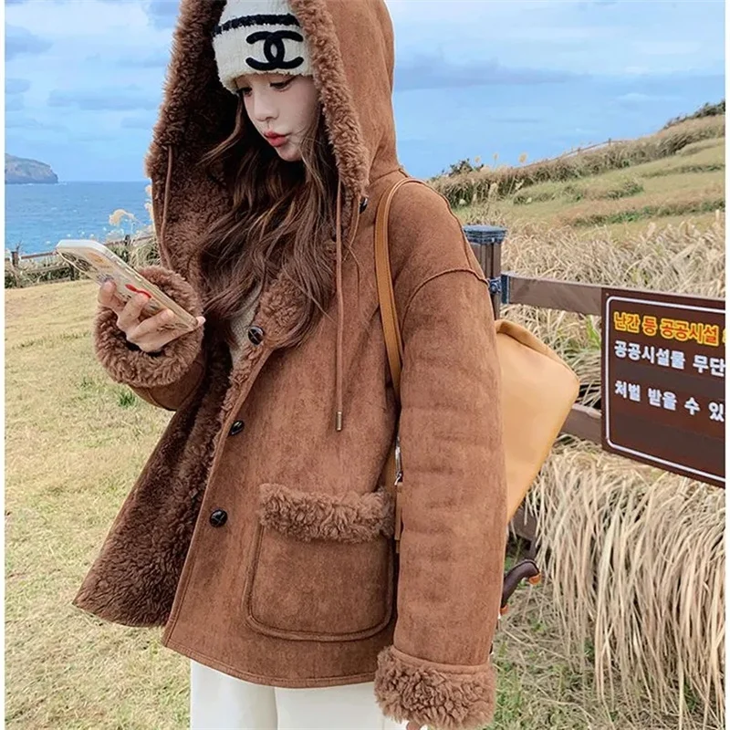 

Short Fur One-Piece Imitation Lamb Fur Coat For Women's Winter 2025 New Style Hooded Double-Sided Imitation Suede Top Khaki Coat