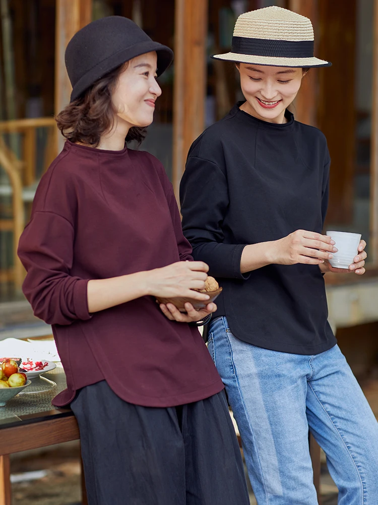 

Оригинальная осенняя вязаная хлопковая свободная женская тонкая длинная футболка Sve Bla Base Layer Rose Name Artistic Commute Sle