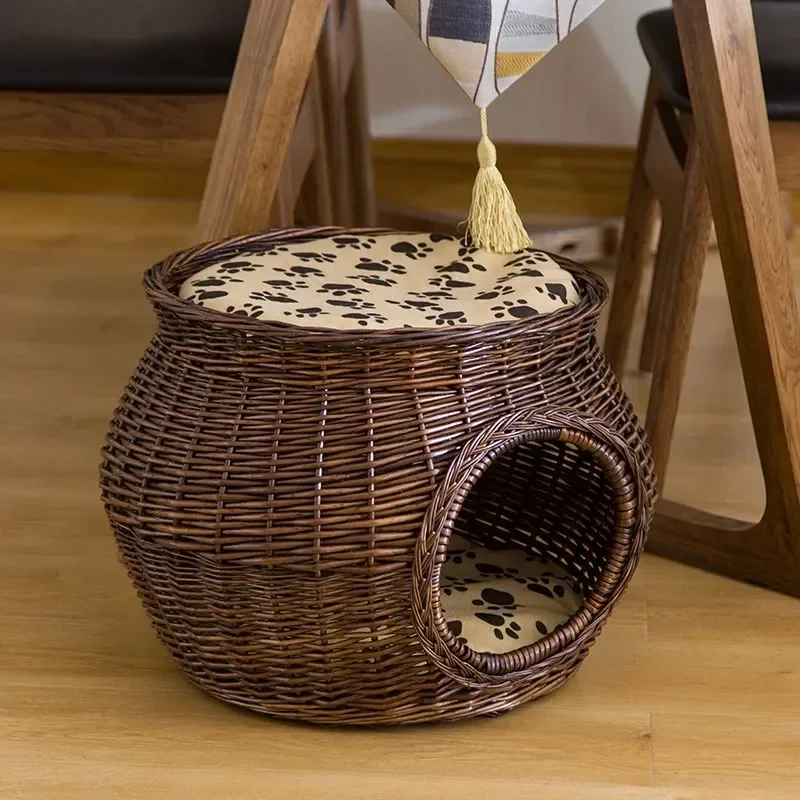 

Manual Rattan Cat House Natural Wicker Weaving Cat Nest Cat Accessories Durable Green with Thick Mat for Big Pet