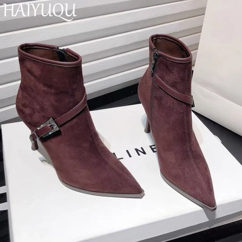 

Women Pointed Toe Ankle Boots Suede High Heels Shoes Woman 2025 Trend Elegant Winter Dress Pumps Party Chelsea Boots Mujer Botas