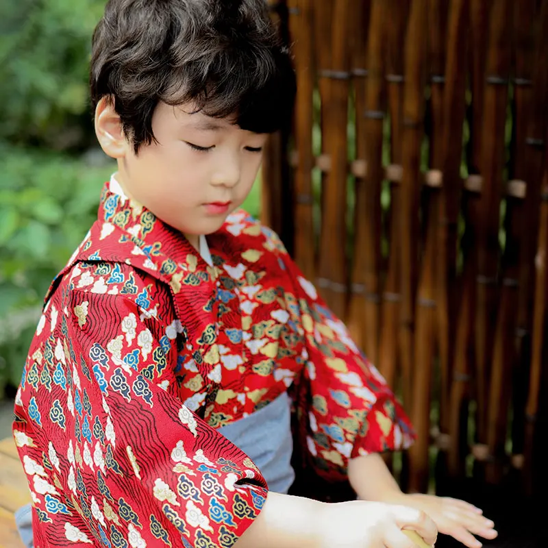 Japanese-style Yukata With Belt Children\'s Kimono For Boy Red Cloud Breathable Traditional Classic