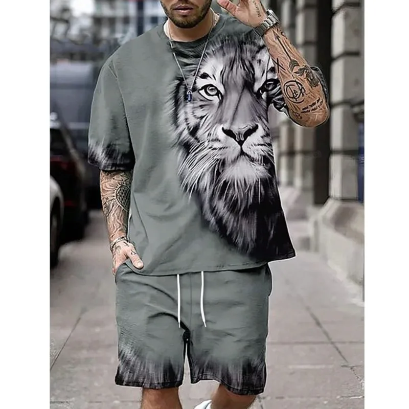 

Tiger Print Men's T-shirt And Shorts Set Summer Street Fashion Short-sleeved Everyday Casual Sports Shorts Ropa Deportiva Hombre