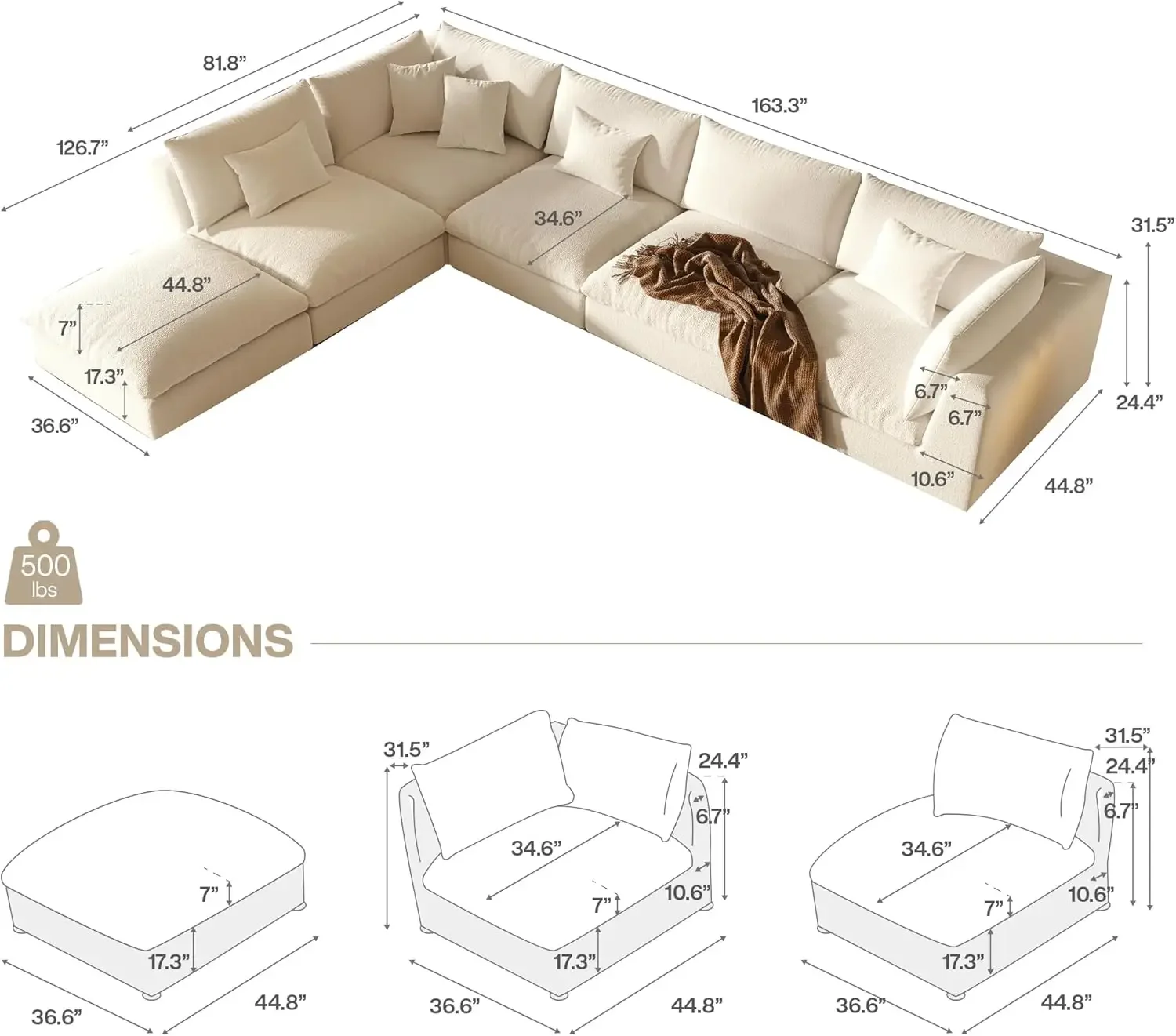 Oversized Corduroy Sectional Sofa Couch, 163'' Cloud Modular Couch with Ottoman, L Shaped Convertible Couch Deep Seat Couches