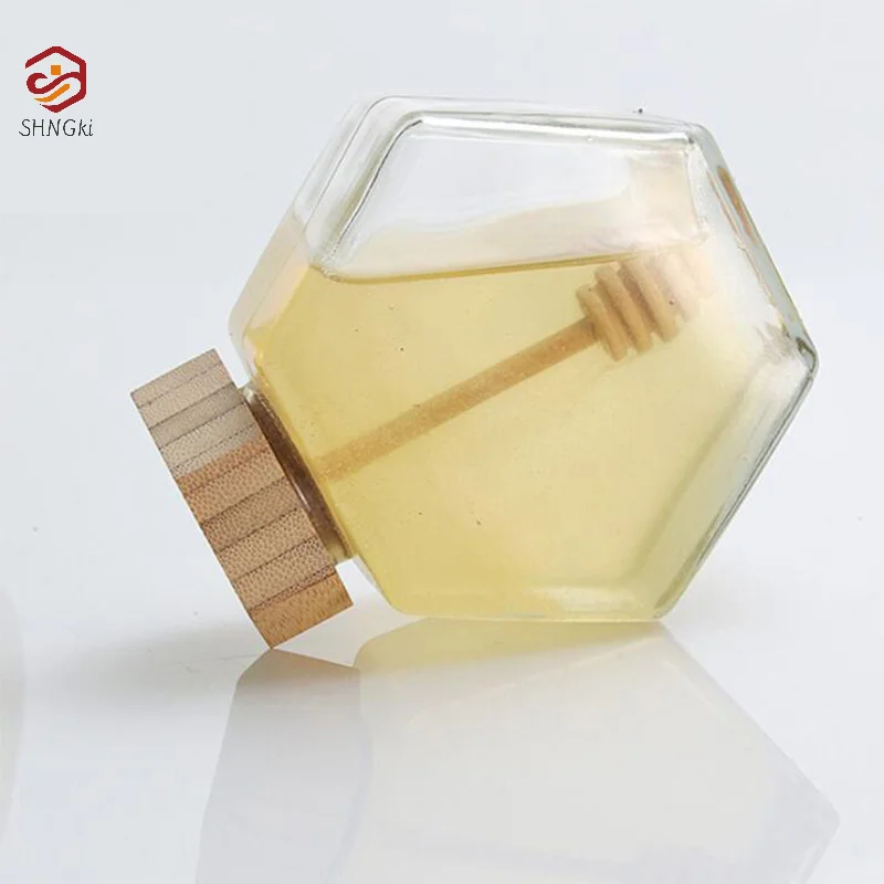 Kitchen 100ML/220ML/380ML Hexagonal Glass Honey Bottle With Wooden Honey Pot Stirring Rod Sealing Clear Jam Jar Home Storage