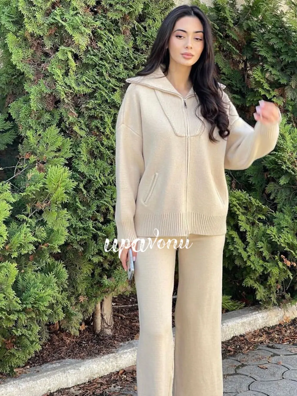 2024 Women\'s Knitted Sweater Long Pants Set with Collar Long Sleeve Zipper Loose cardigan Coat+Straight Leg Pants Two Piece Set