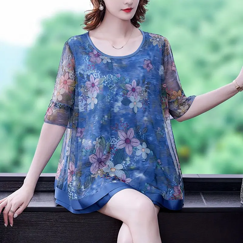 Printing T-Shirts Round Neck Floral Patchwork Short Sleeve Leisure Gauze Loose Thin Summer Korean Casual Women\'s Clothing 2023