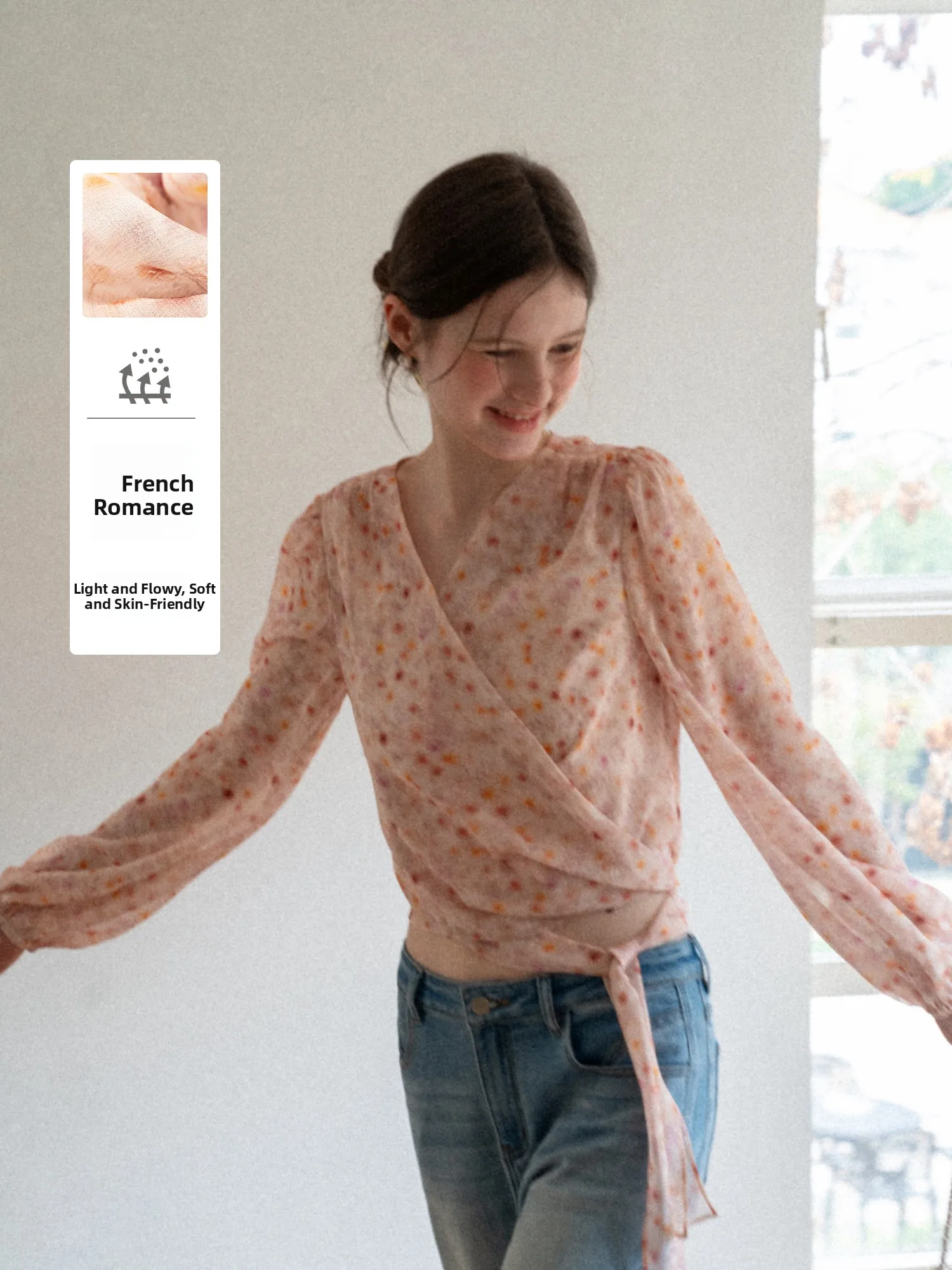 

Женская шифоновая блузка EGGKA с цветочным принтом, завязками на талии, свободного кроя, весна-лето