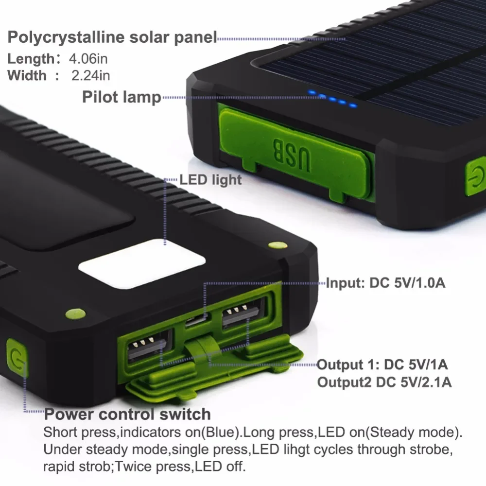 20000mAh Solar Power Bank - Portable Charger with Dual USB Ports and LED Flashlight for Outdoor Activities