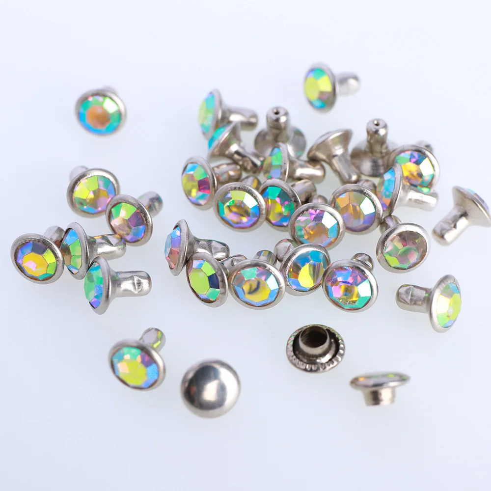 100 Sets 6/8mm Glass Rivets Rhinestone Glitter Crystal AB Silver Edge Stones Studs With Care Rhinestones for DIY Crafts Leather
