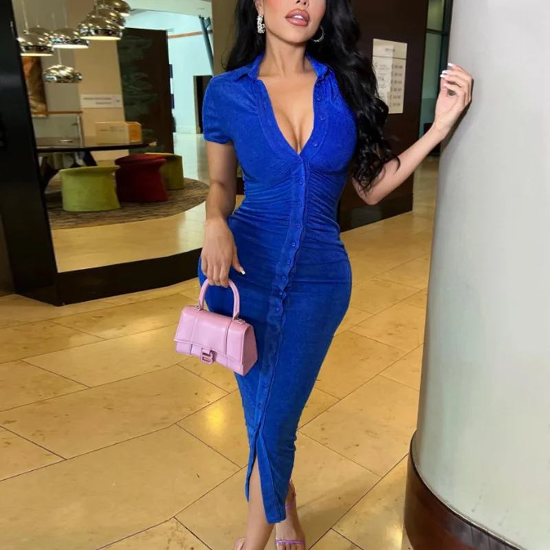 

SKMY New Women's Dress Short Sleeve Turn-Down Collar Single Breasted Temperament Solid Color Long Dresses 2026 Autumn Clothes