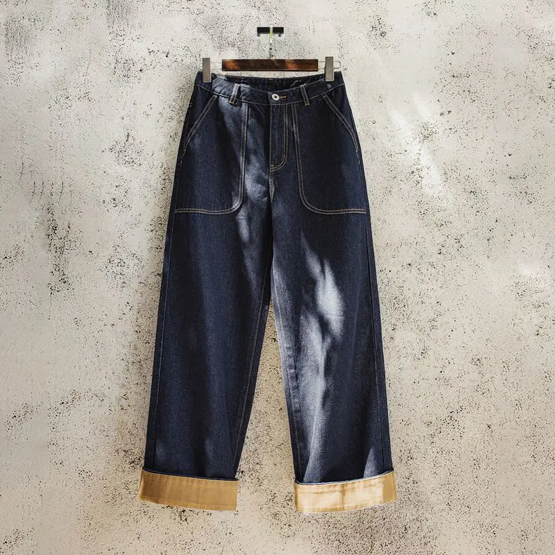 Maden Women’s Loose Straight Leg Denim Jeans Casual Pants with Paris Buckle Autumn Vintage Trousers Female Commuter Pants