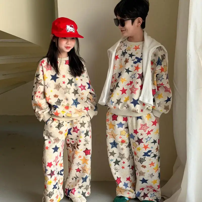 2026 Spring New Children Long Sleeve Clothes Set Boys Girls Star Print Sweatshirt + Pants 2pcs Suit Kids Loose Casual Outfits
