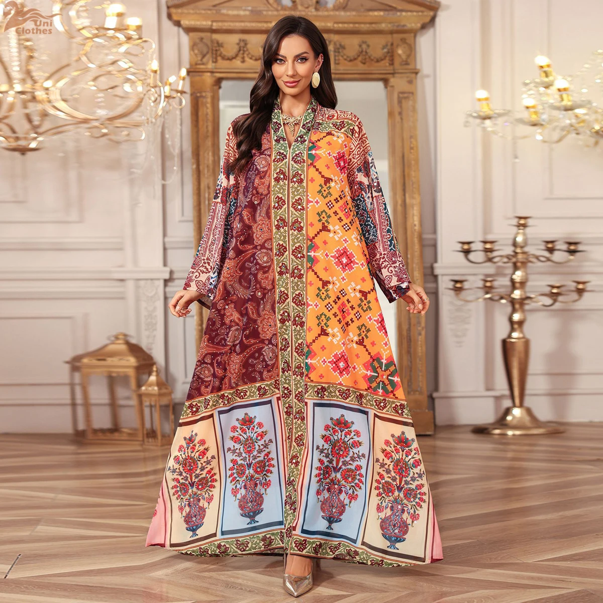 

Uni 2026 New Fashion Printed Jalabiya Muslim Dress for Women Ramadan Abaya Long Dress Morocco Kaftan Dubai Robe Eid Dresses