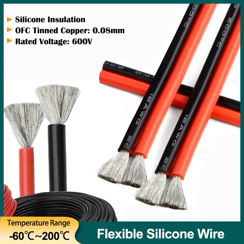 

1-10 Soft Silicone Wire Black Red/2Pins 30 28 26 24 22 20 18 16 14 12AWG Flexible Solar Panel Car Battery Electric Power Cable