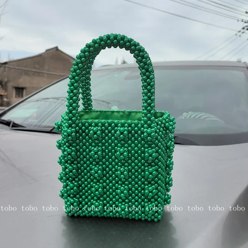 Large High Sense Tio-handle Bags Popular Green Pearl Bead Designer Luxury Bag 2024 Summer Fashion Women's Cosmetic Party Bag