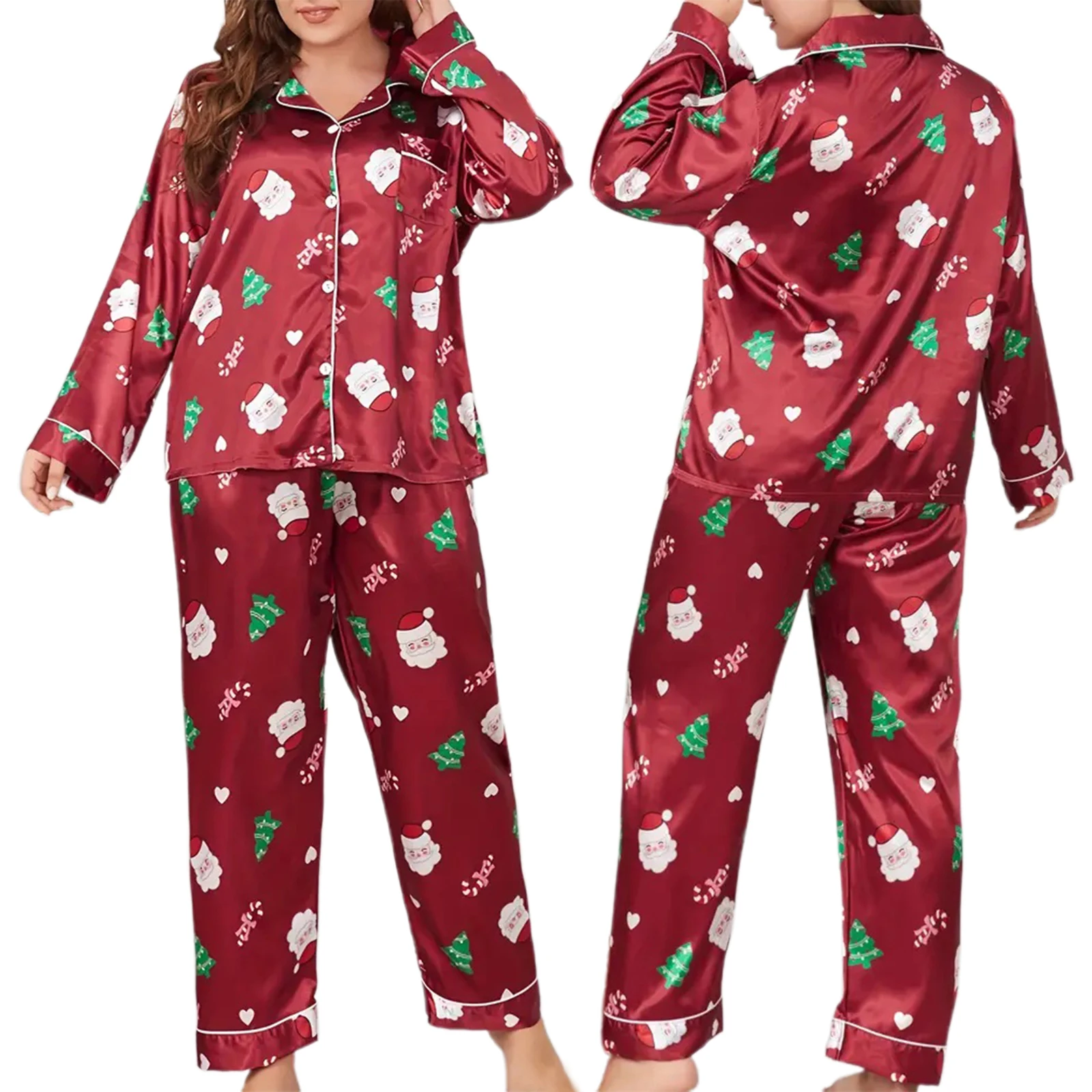 2025 New Years Women\'s Christmas Pajamas Set Snowman Santa Print Long Sleeve Lapel Button Tops with Long Pants Satin Loungewear