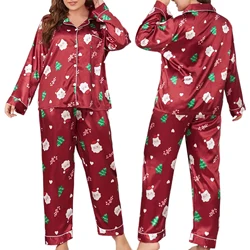 2025 New Years Women's Christmas Pajamas Set Snowman Santa Print Long Sleeve Lapel Button Tops with Long Pants Satin Loungewear