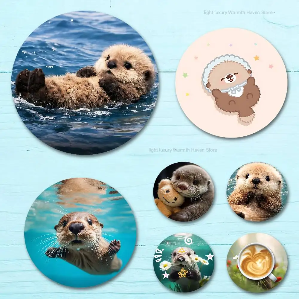 

Cute Animals Sea Otters Heat Resistant Round Wooden Coasters Non-slip Drink Cafe Decoration 2D Flat Color Print Coasters