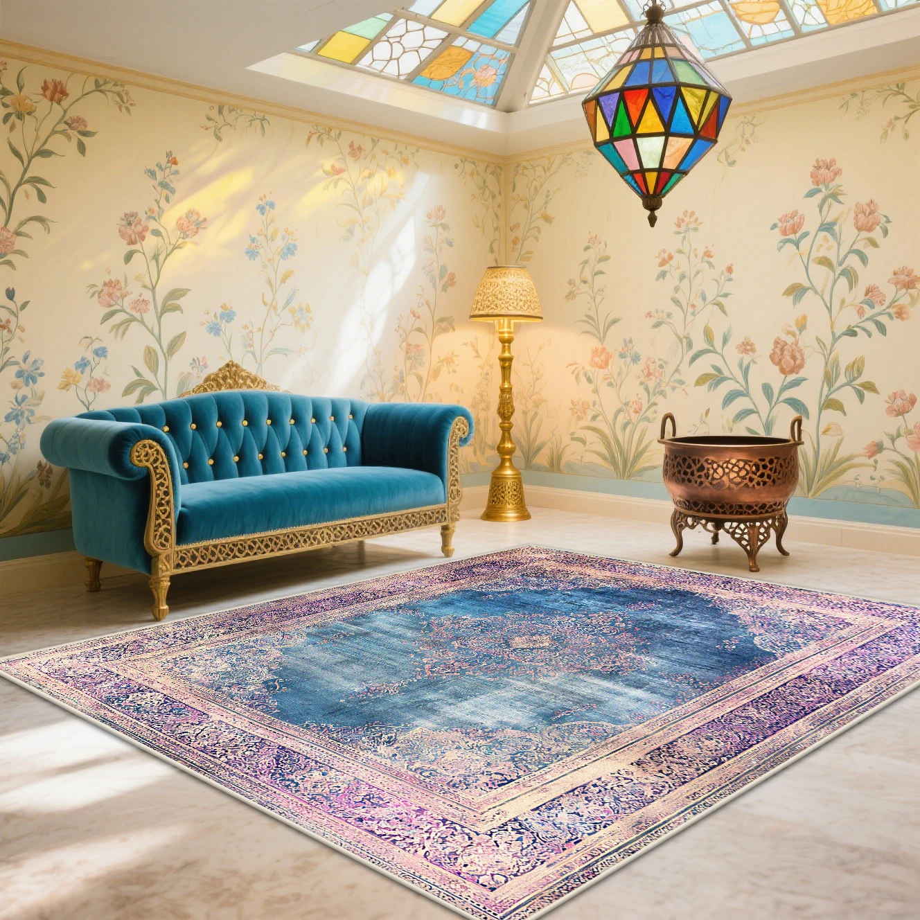 

Персидский ретро ковер для гостиной, синий роскошный домашний декор, диван, коврики для спальни, гостиной, легко чистится, моющийся мягкий напольный коврик