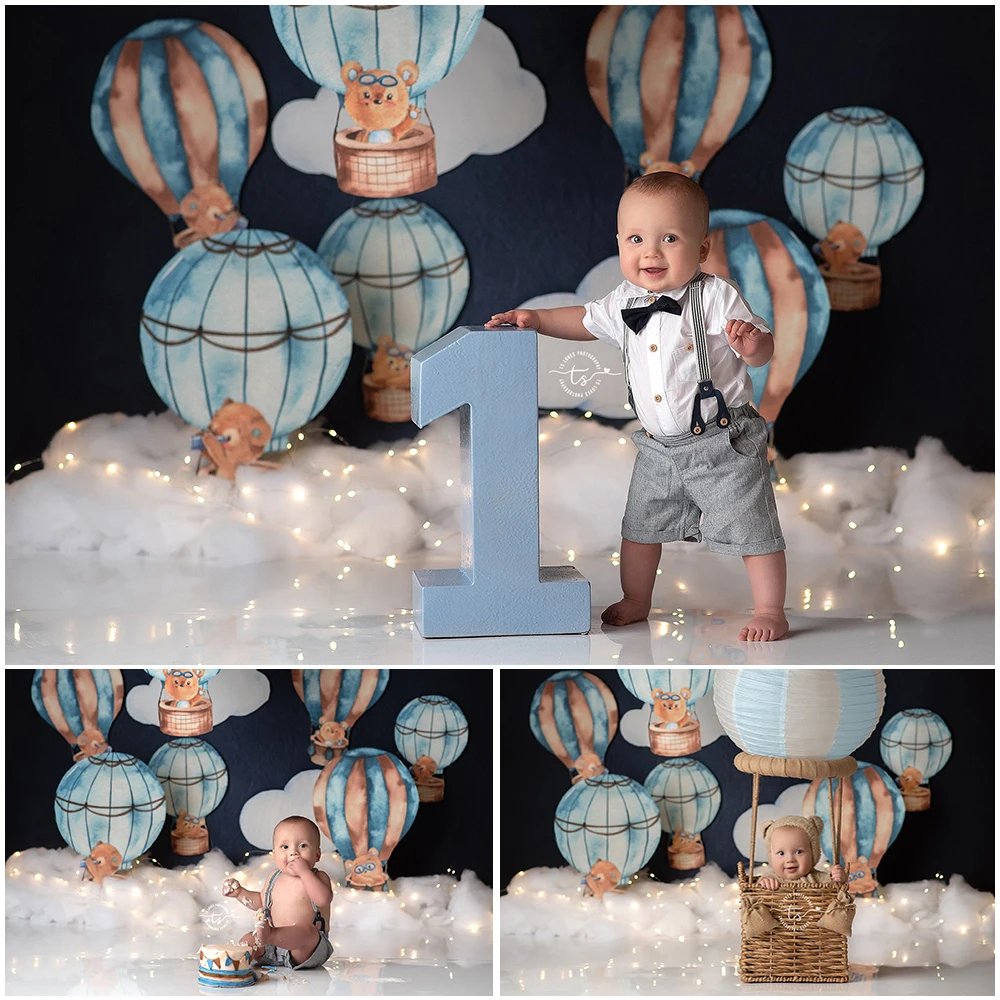 Twilight Balloon Ride Photo Background Adventure Blue Hot Air Balloon Photography Backdrop Birthday Cake Smash Photo Studio Prop