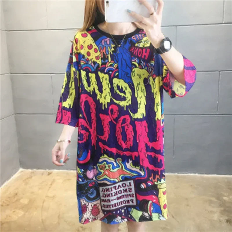 Women Hip Hop Long T Shirt Mesh Breathable Loose New York Letter Printed Pullovers Short Sleeve Tee Dress Streetwear