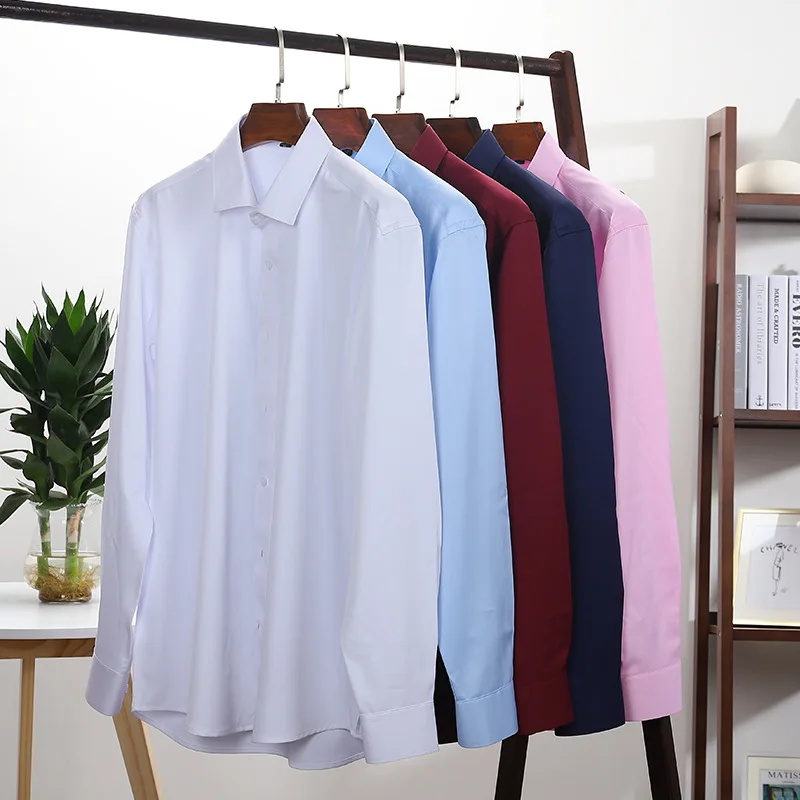 Men\'s long sleeve shirt bamboo fiber spring and summer thin solid color free ironing breathable high quality formal casual