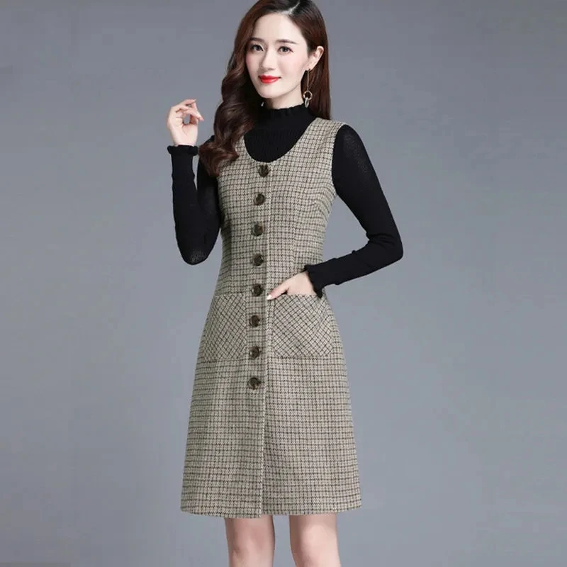 Women\'s Autumn Winter 2022 New Medium Long High Quality Vest Woolen Dress Elegant Female Office