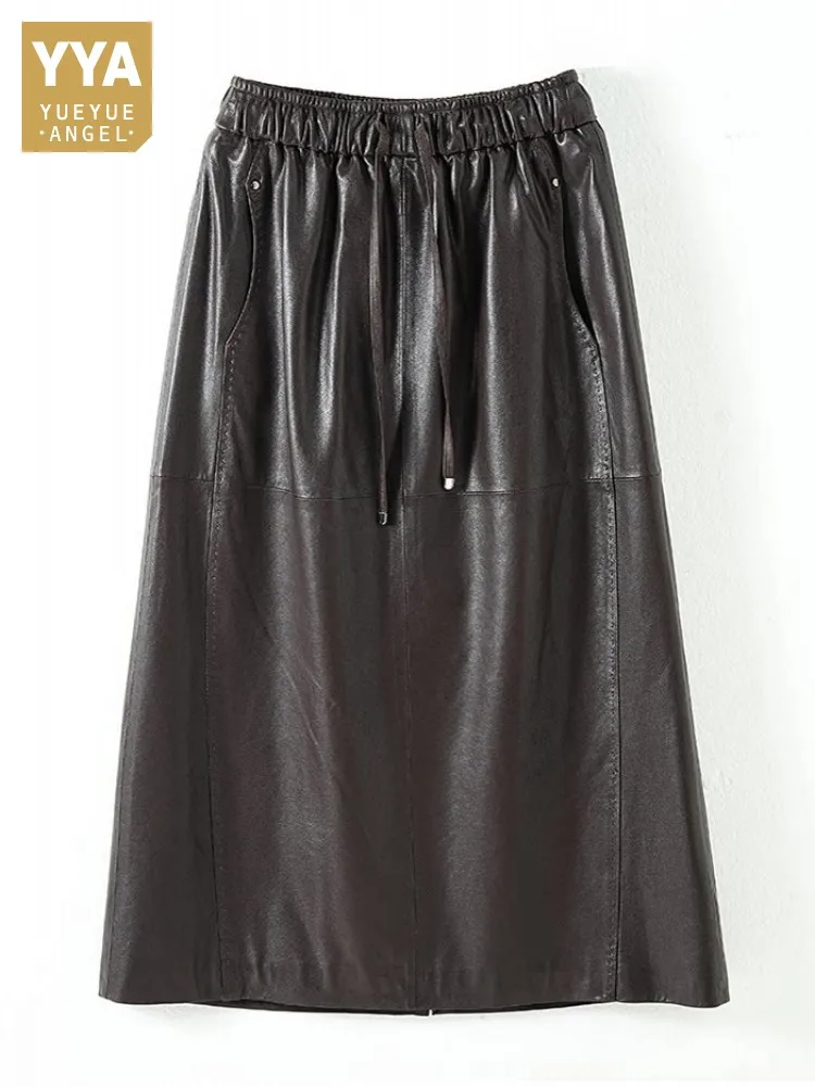 Women Casual Genuine Leather Skirt High Waist Drawstring Loose Fit A Line Skirt Female Back Split Medium Long Sheepskin Skirts