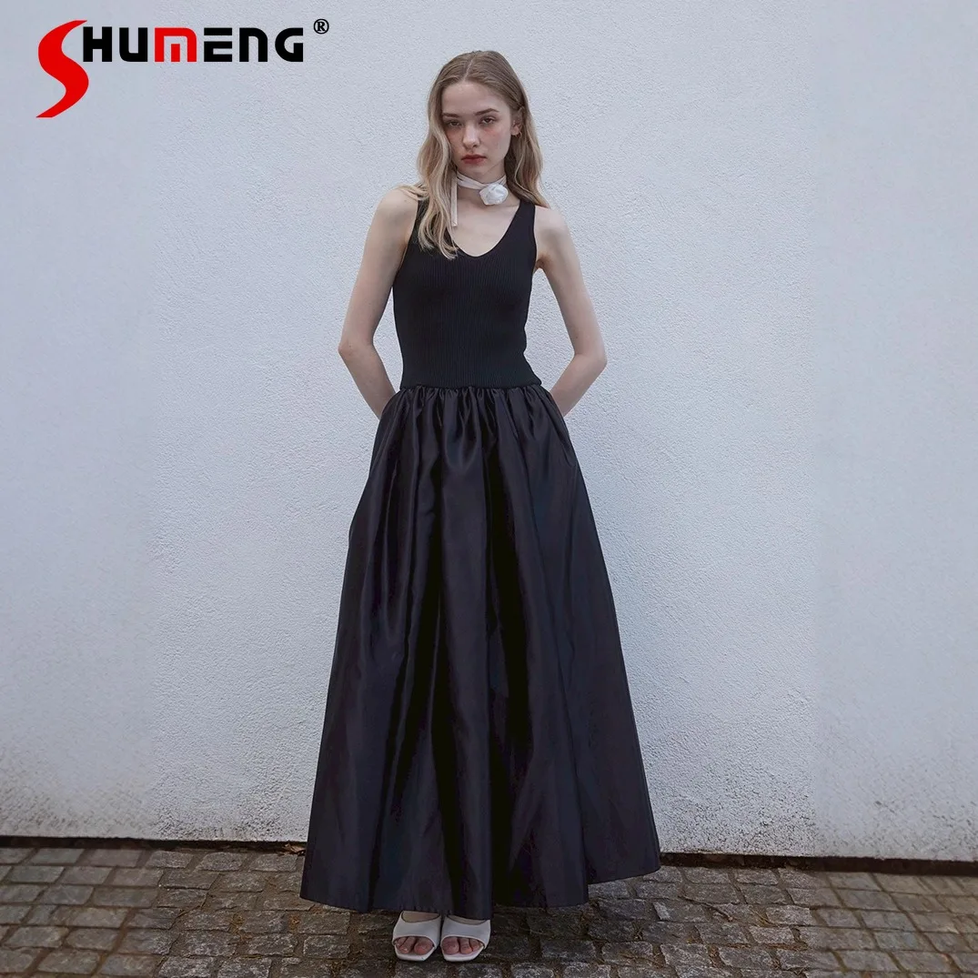 2025 New French Style Elegant Black Knit Patchwork Satin Long Dress Japanese Fashion Sweet Sleeveless Vest Princess Dresses