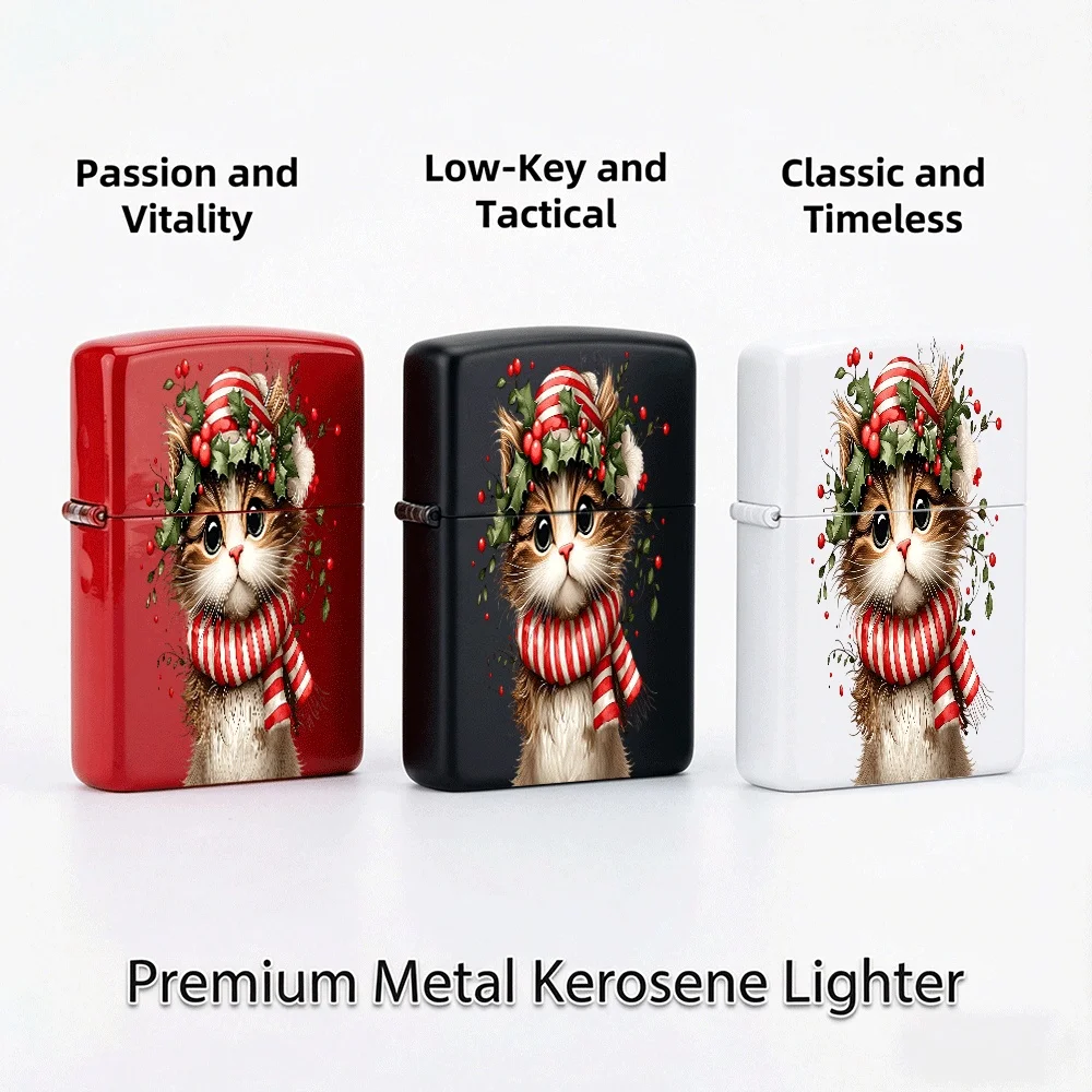 Vintage Flip Top Lighter lighters vintage Christmas Kitten Holly Berry Striped Hat Scarf Winter Holiday lighters for smokers
