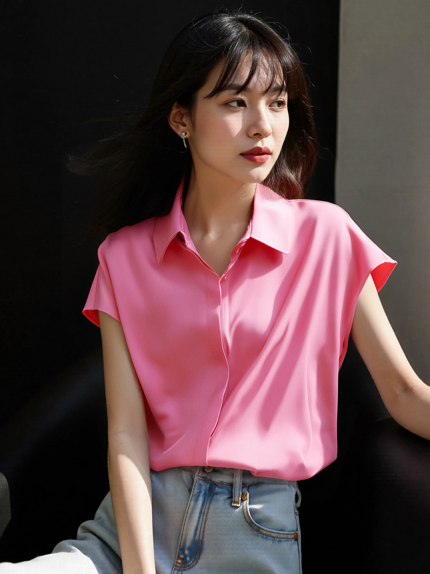 

Chivirin Korean Sle Women's ort Sve irt Pure Color Faionable Summer Busin Commute Top Straight Cut Polyester Fiber