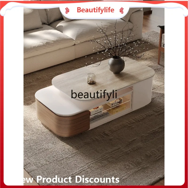 

Retractable coffee table living room premium square solid wood light luxury French high-end cave stone table