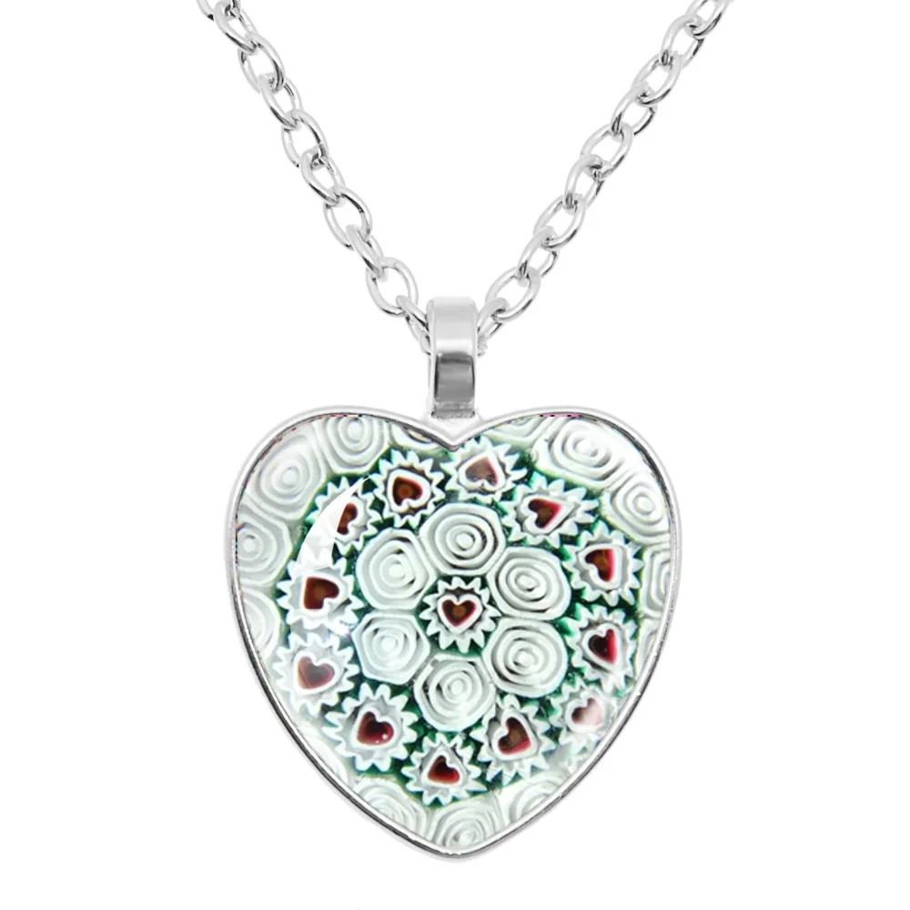 New Murano Millefiori Heart Pendant Necklace MultiColour Flower Glass Cabochon Necklace Jewelry For Women Men Gift Wholesale