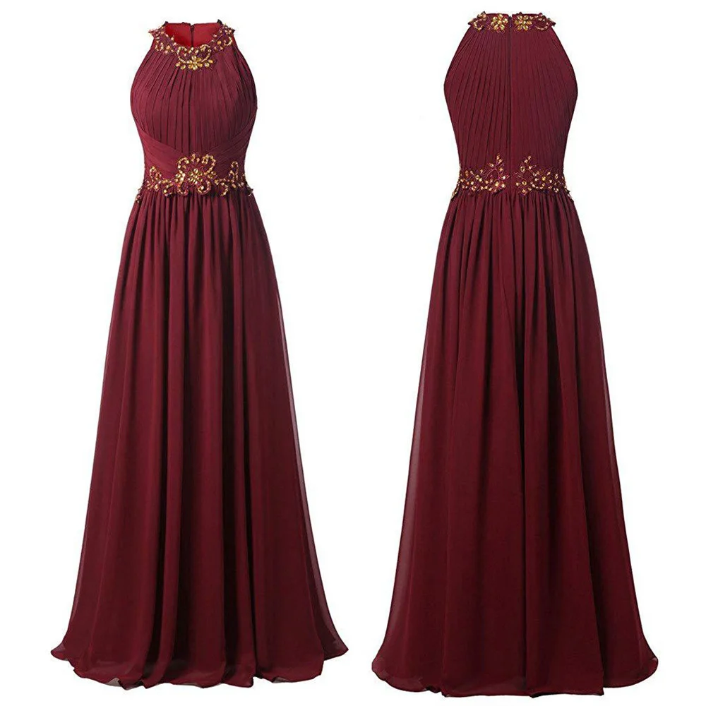 A Line Chiffon Halter Beading Applique Pleat Elegant Evening Bridesmaid Dresses Wedding Party Formal PromZipper Back