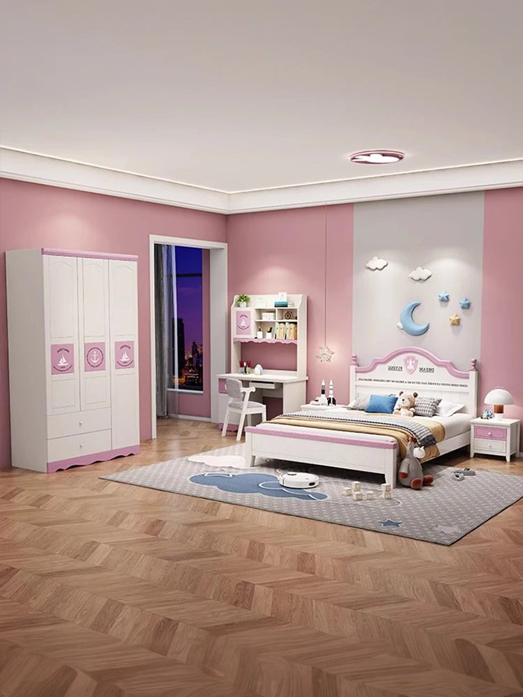 سرير أطفال من الخشب الصلب سرير الأميرة للفتيات 1.5 متر تخزين من الخشب الصلب للفتيات باللون الوردي #5