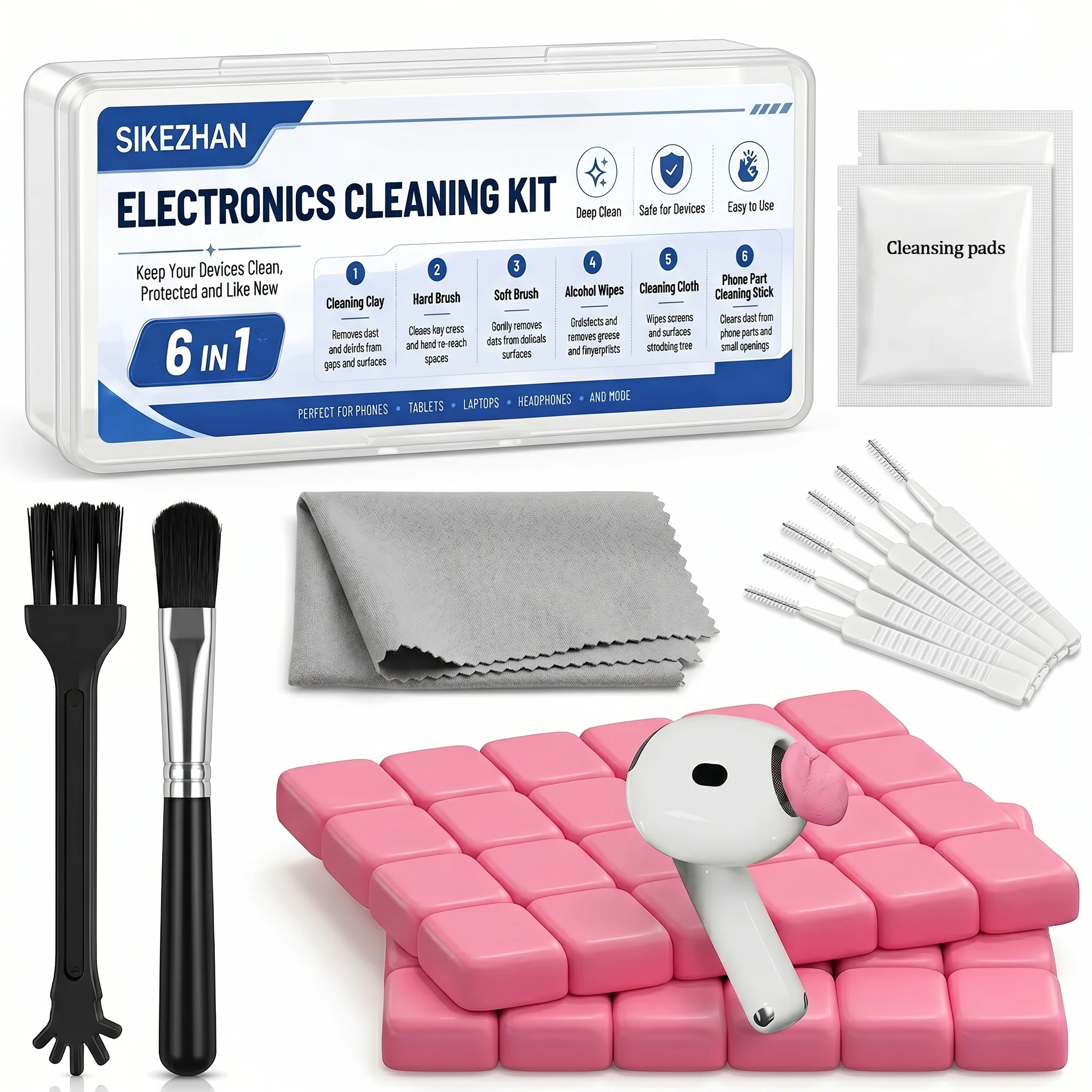6 in 1 Electronics Cleaner Kit,Wireless Earbuds Cleaning Pen Putty,Phone Charging Port Cleaner for Headphone Tablet Laptop