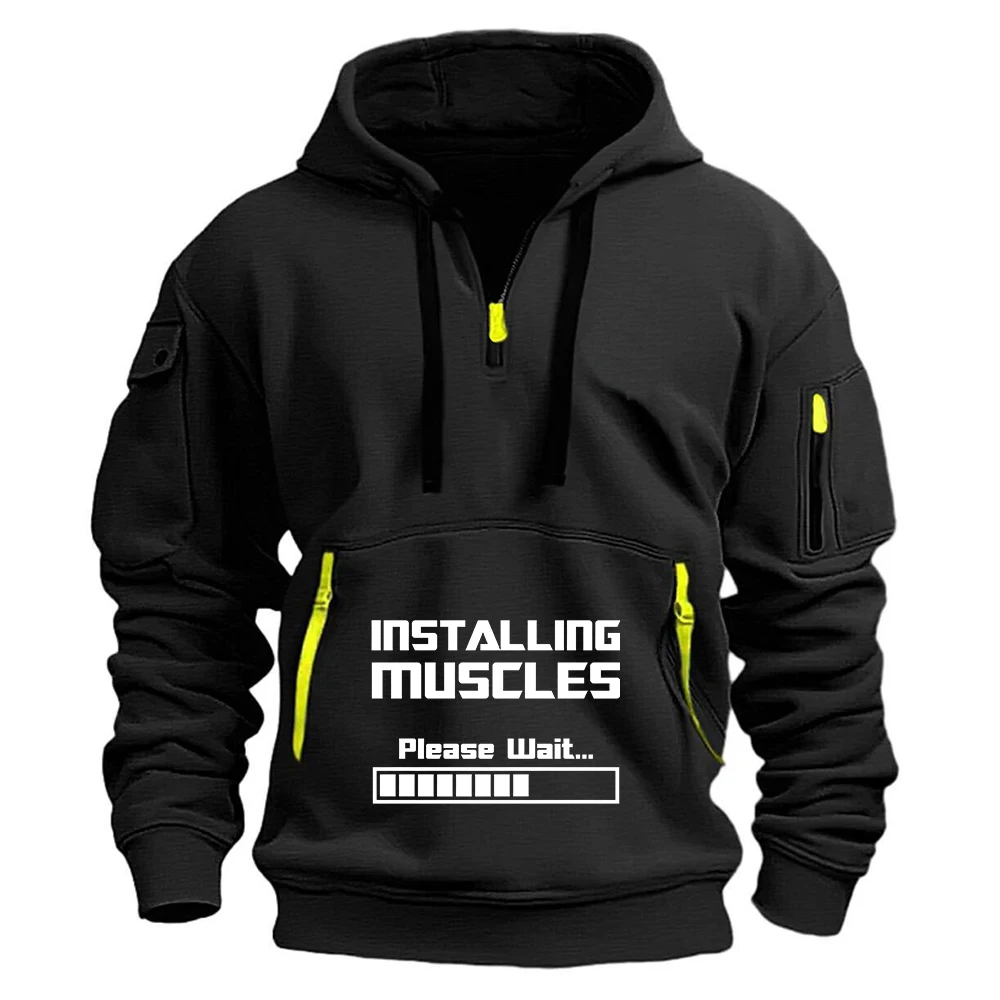 Men's installing muscle Logo Print 2025 Simple Style Half Zipper Pullover Hoodies Suitable Spring And Autumn Hooded Coat