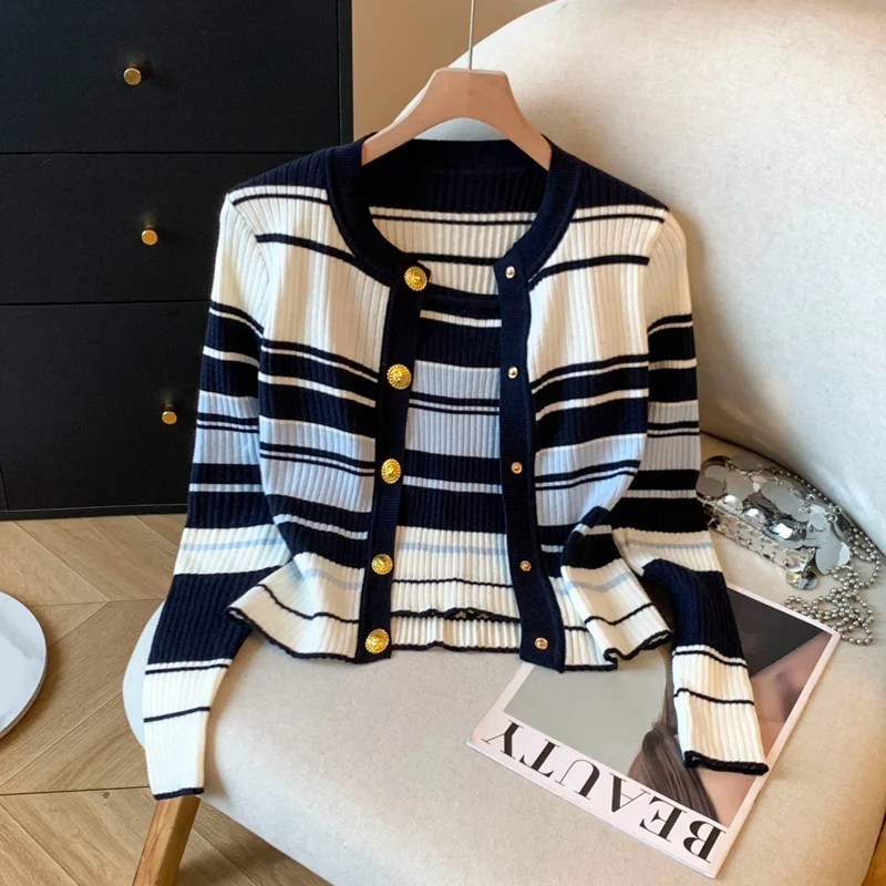 

Korean Autumn Sexy Striped Knitted Two-Pieces Set Women Golden Button Long Sleeves Cardigan And Sexy Sling Tops Female Suit