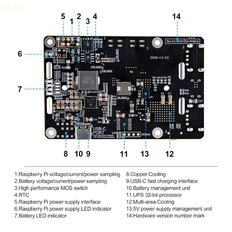 Y8AD Tower Cooling Lüfter UPS V5 Vertuschungen mit RTCS-Netzteil für RaspberryPI 3B/3B+/4B Development Board