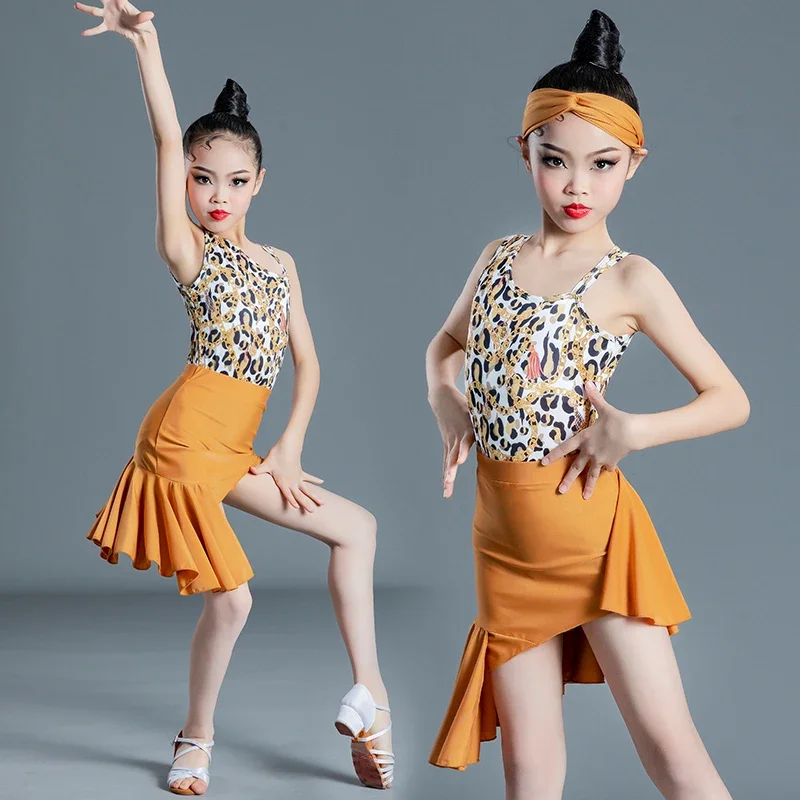 Girls Set Leopard Print Latin Dance Dress Latin Dress Costume Ballroom Costume Kids Gymnastics Pratice Pleated Skirt Professiona